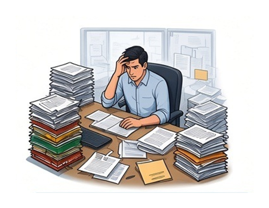 A person delayed by piles of paper records